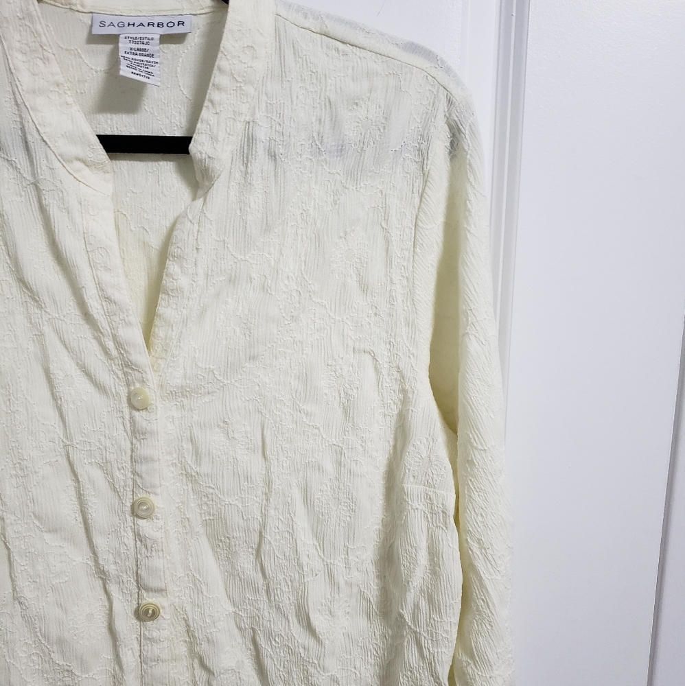 SAG HARBOUR Cream Long Lace Floral Cover-up  Button Up Blouse Shirt